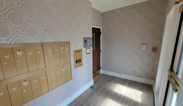 interior space featuring crown molding, mail boxes, and hardwood / wood-style flooring