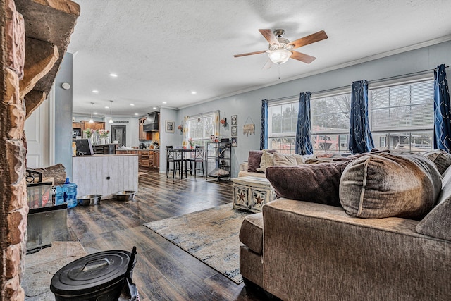 living area with a ceiling fan, recessed lighting, dark wood-type flooring, a textured ceiling, and crown molding