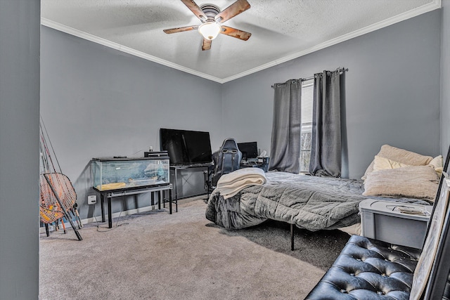 carpeted bedroom with baseboards, a textured ceiling, a ceiling fan, and ornamental molding