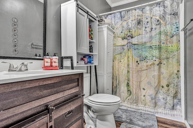 bathroom featuring wood finished floors, toilet, ornamental molding, and vanity