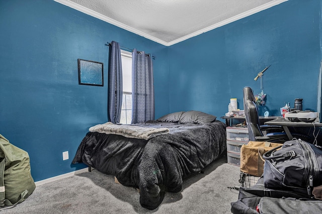 bedroom featuring a textured ceiling, baseboards, carpet, and ornamental molding