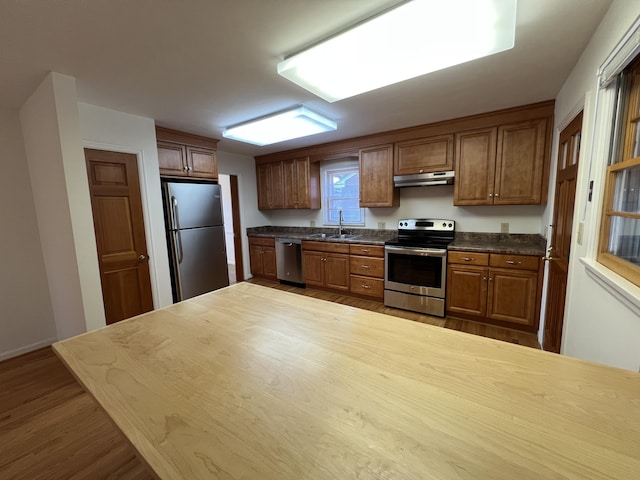 kitchen featuring appliances with stainless steel finishes, dark hardwood / wood-style floors, and sink