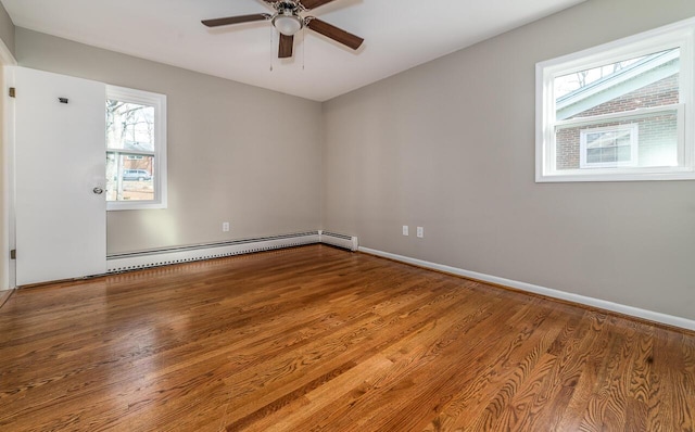 unfurnished room with ceiling fan, hardwood / wood-style floors, and baseboard heating