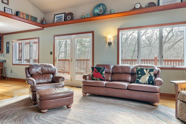 living room featuring vaulted ceiling and light hardwood / wood-style flooring