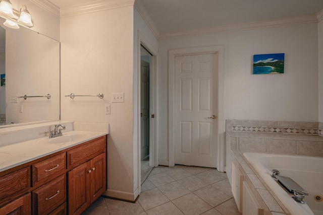 bathroom with tile patterned floors, ornamental molding, tiled bath, baseboards, and vanity