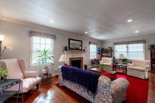 living area featuring ornamental molding, a fireplace, and wood finished floors