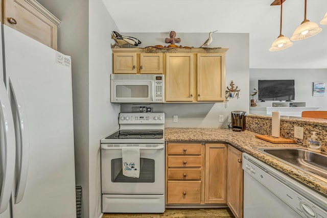 kitchen featuring pendant lighting, white appliances, light wood-type flooring, and light brown cabinets