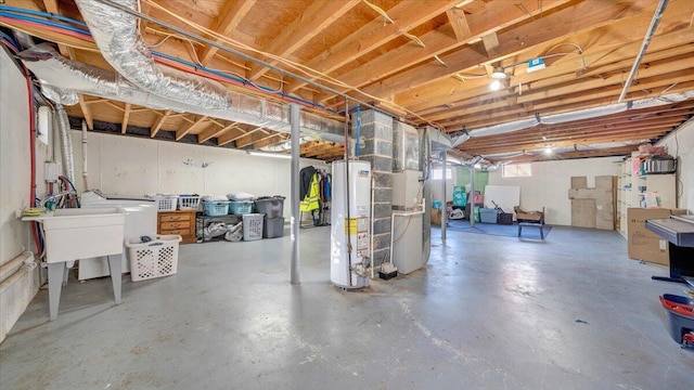 basement featuring water heater and heating unit