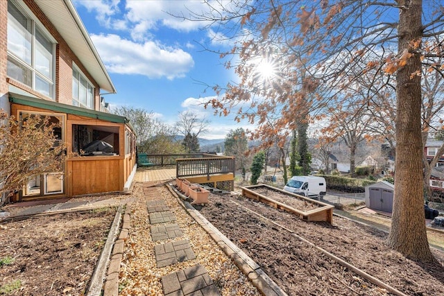 view of yard featuring a wooden deck and a storage shed