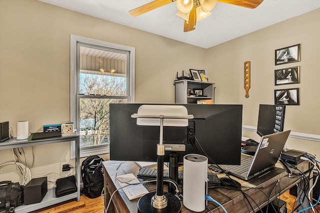 office area with ceiling fan and hardwood / wood-style floors