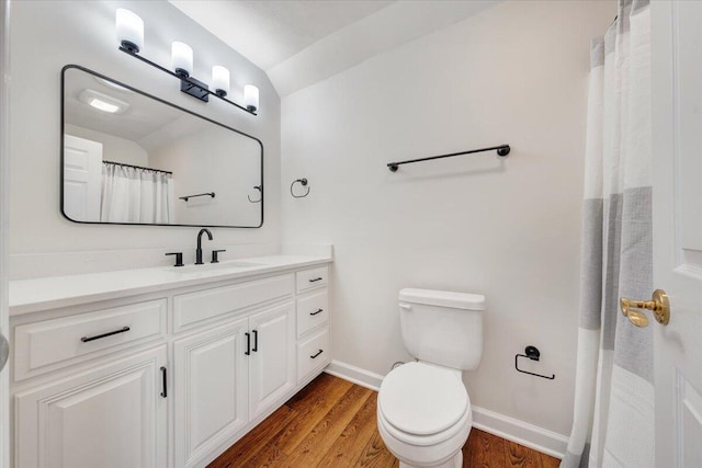 bathroom featuring vanity, toilet, and hardwood / wood-style floors