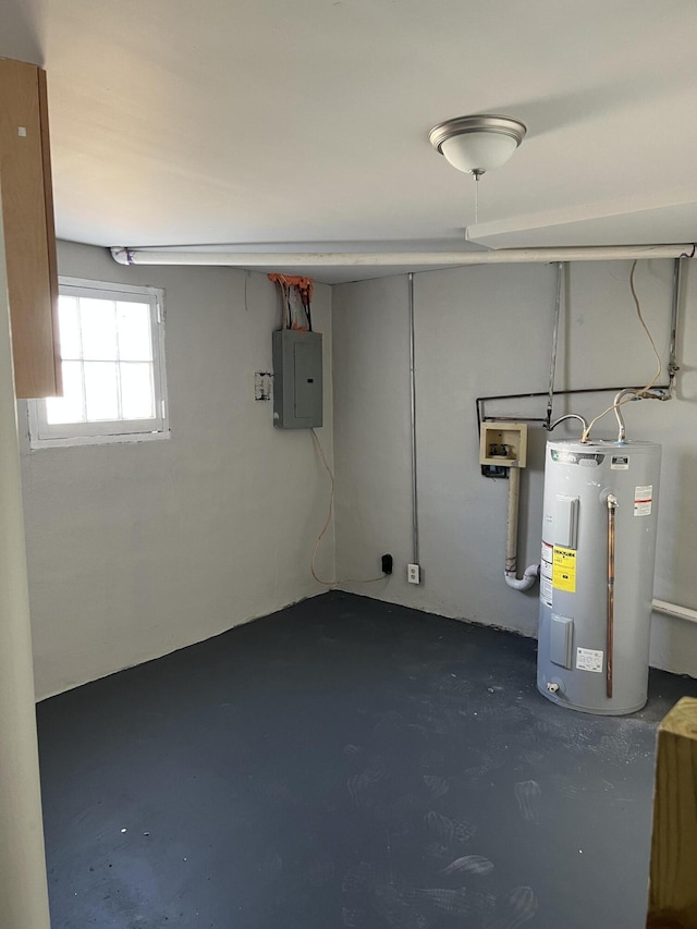 basement with electric panel and water heater