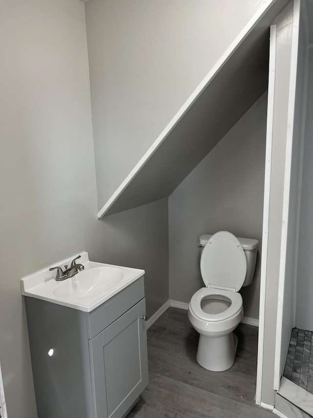 bathroom with vanity, hardwood / wood-style floors, and toilet