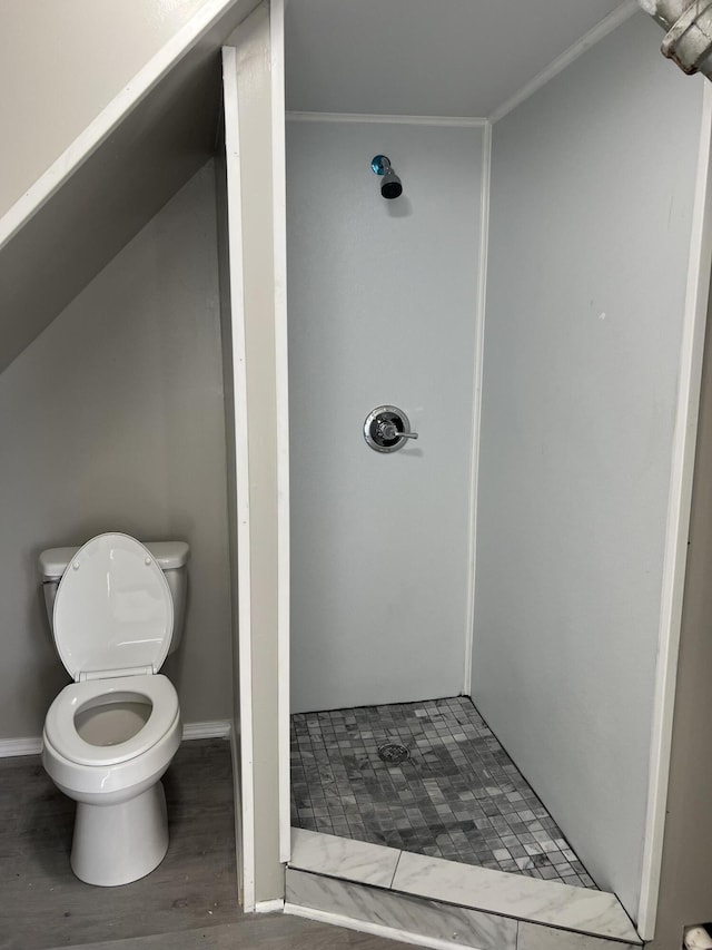 bathroom featuring wood-type flooring, toilet, and walk in shower