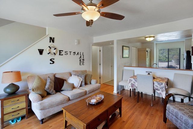 living room featuring ceiling fan and light hardwood / wood-style floors