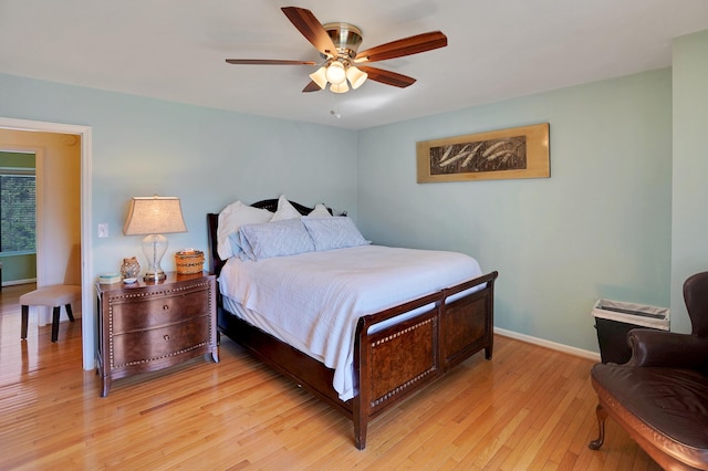 bedroom with ceiling fan and light wood-type flooring