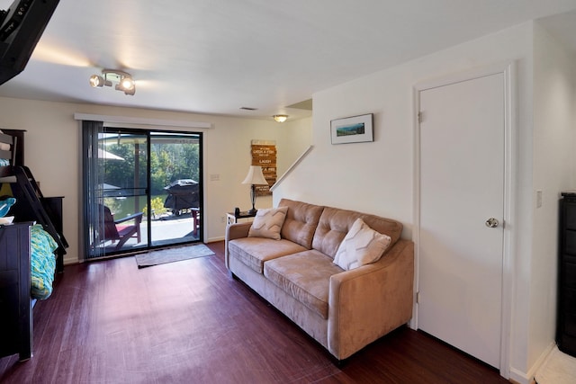 living room featuring dark wood-type flooring