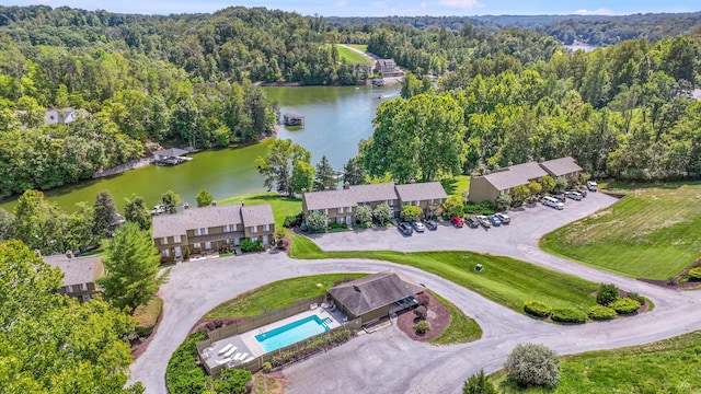 birds eye view of property featuring a water view