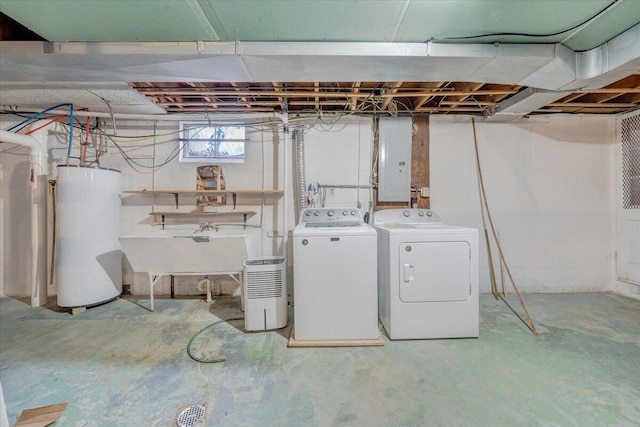 below grade area with electric panel, gas water heater, independent washer and dryer, and a sink