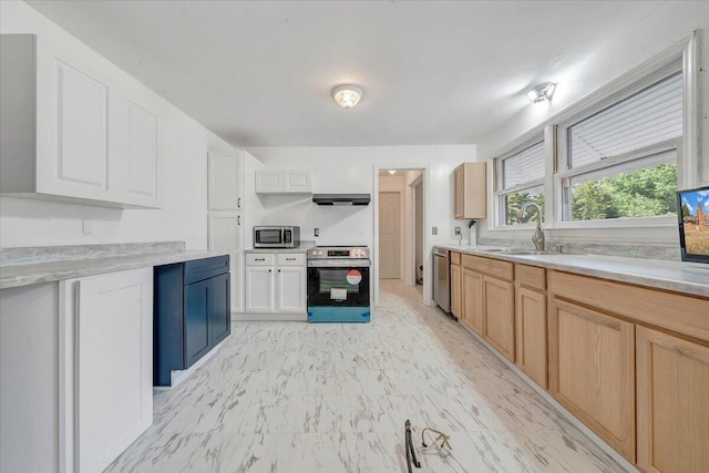 kitchen featuring range hood, a sink, stainless steel appliances, light countertops, and marble finish floor