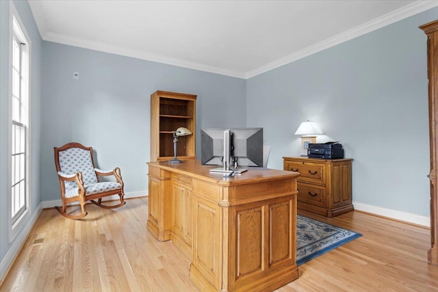 office area featuring ornamental molding and light wood-type flooring