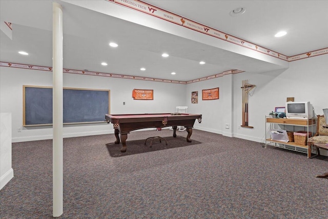 rec room with pool table and dark colored carpet