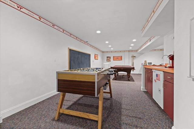 playroom featuring sink, billiards, and dark colored carpet