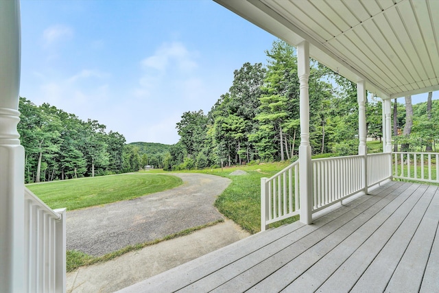 deck with a yard and covered porch