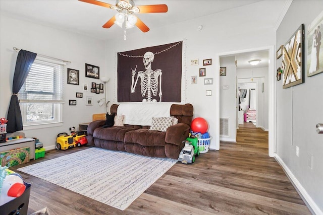 living room with ceiling fan and wood-type flooring