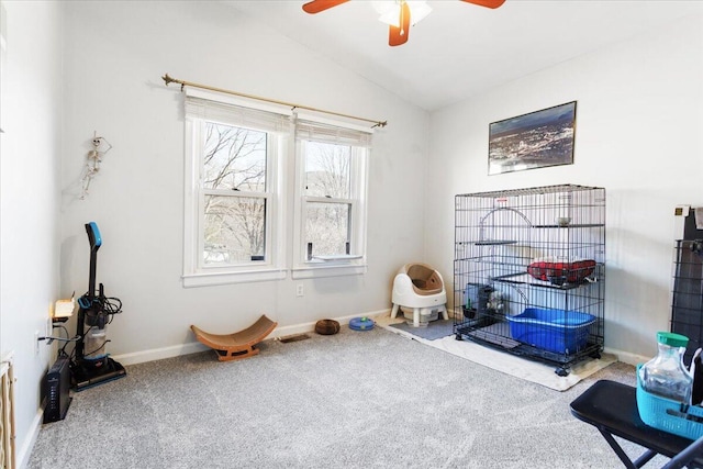 miscellaneous room with vaulted ceiling, ceiling fan, and carpet