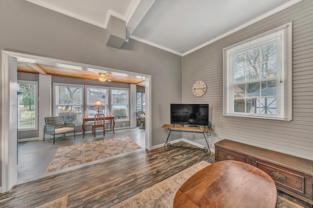 living room with ceiling fan, ornamental molding, plenty of natural light, and wood-type flooring