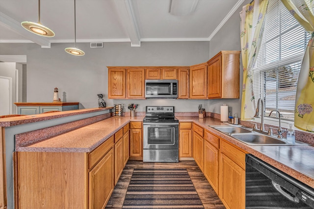 kitchen featuring sink, hanging light fixtures, ornamental molding, dark hardwood / wood-style floors, and stainless steel appliances