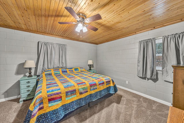 bedroom featuring wood ceiling, ceiling fan, and carpet