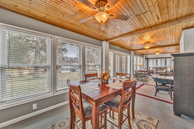 dining area with wood ceiling and ceiling fan