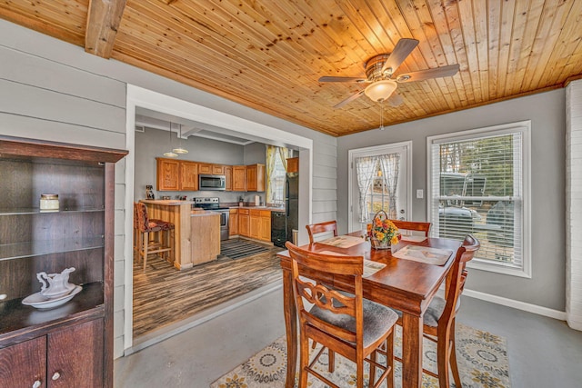 dining space with wood ceiling, ceiling fan, beam ceiling, and sink