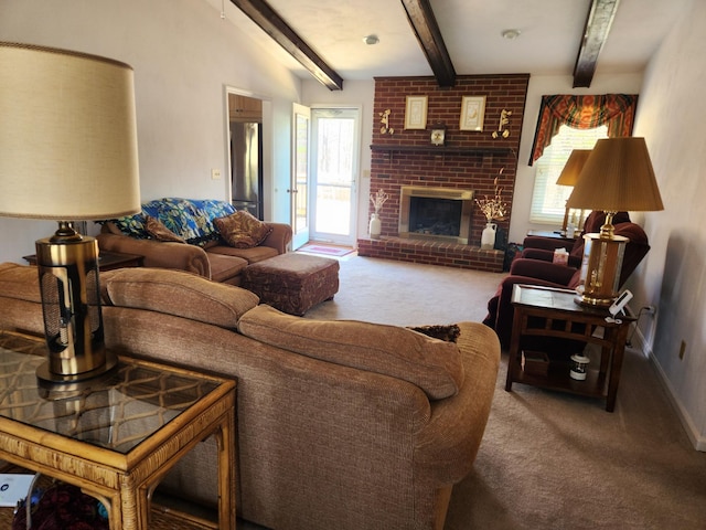 carpeted living room with a fireplace and beam ceiling