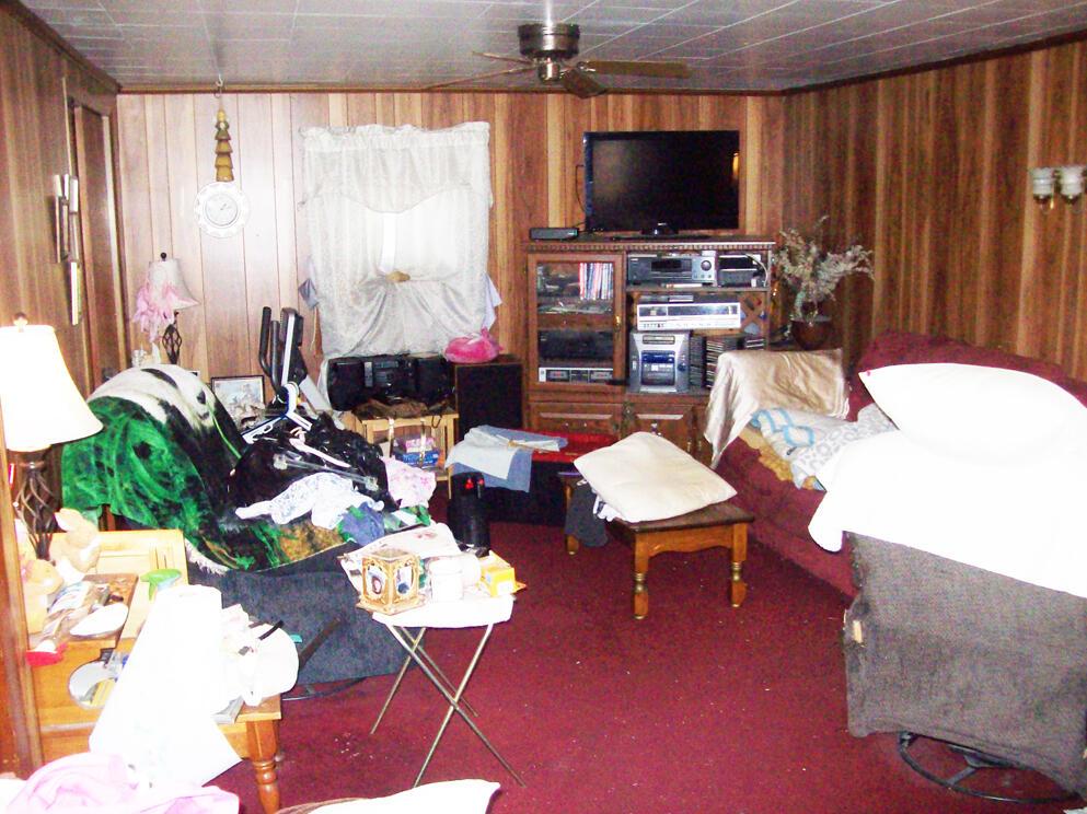 living room featuring ceiling fan, carpet flooring, and wood walls