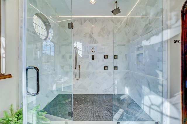 bathroom featuring a shower with shower door