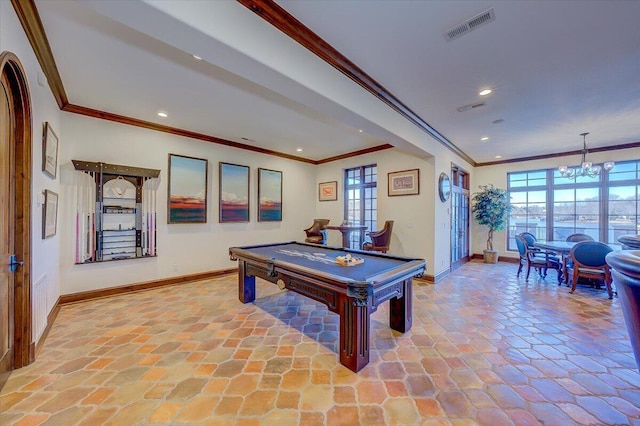 recreation room with crown molding, billiards, and a notable chandelier