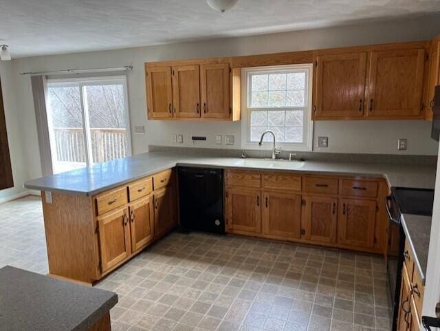 kitchen with sink, range, black dishwasher, a healthy amount of sunlight, and kitchen peninsula