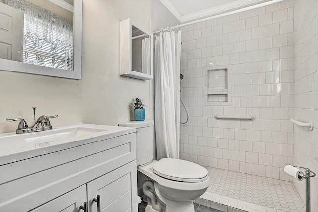 bathroom with crown molding, vanity, toilet, and curtained shower