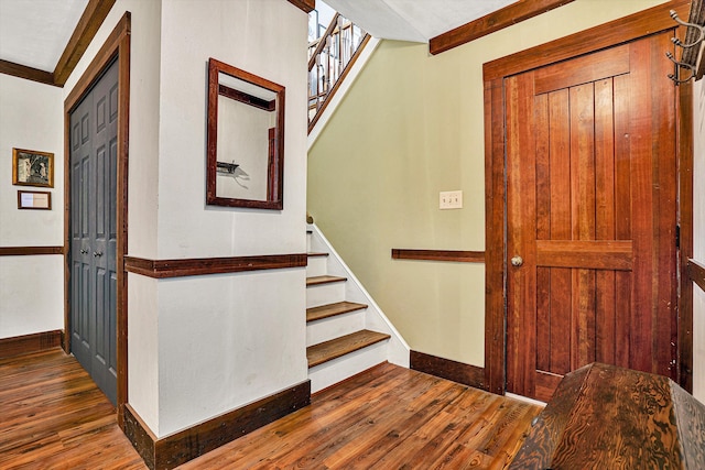 staircase featuring hardwood / wood-style flooring