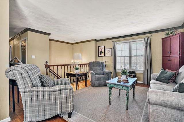 living room with crown molding, a textured ceiling, and dark hardwood / wood-style flooring