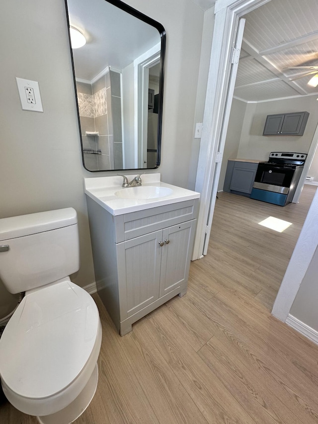 bathroom with baseboards, vanity, toilet, and wood finished floors