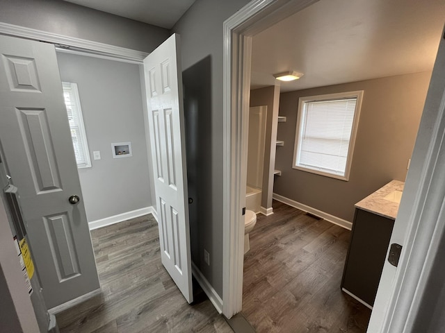 bathroom with vanity, hardwood / wood-style floors, and toilet