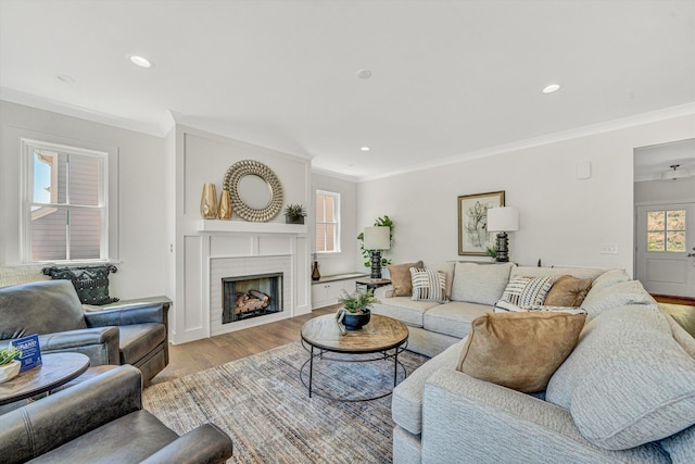 living area with recessed lighting, ornamental molding, wood finished floors, and a fireplace