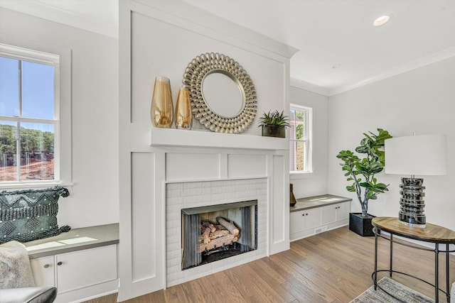 sitting room with crown molding, wood finished floors, and a fireplace