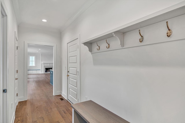mudroom featuring visible vents, a fireplace, wood finished floors, baseboards, and recessed lighting