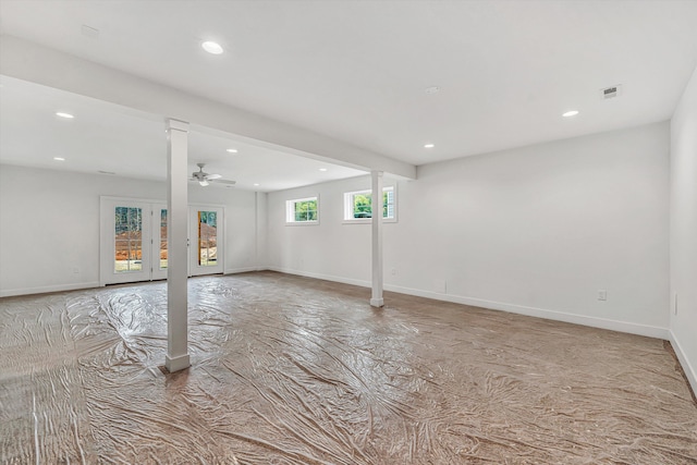 basement with recessed lighting, a ceiling fan, baseboards, and visible vents