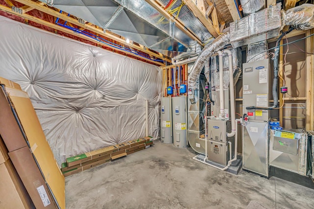 unfinished basement featuring electric water heater